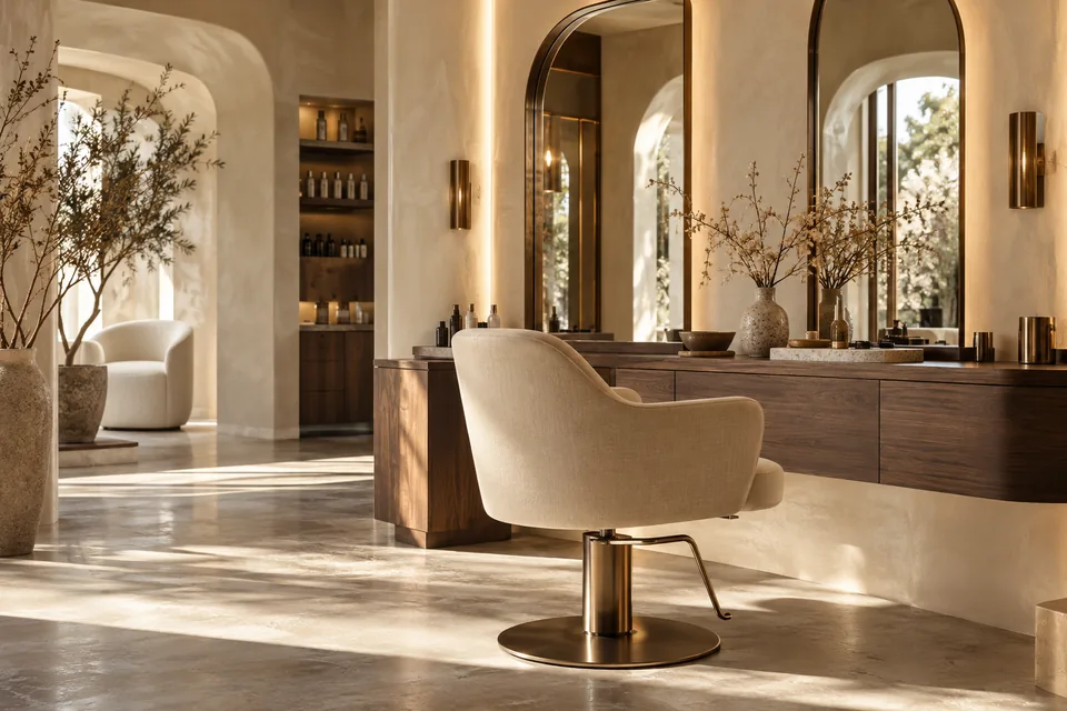 Sunlit beauty studio with curved mirrors and walnut furniture