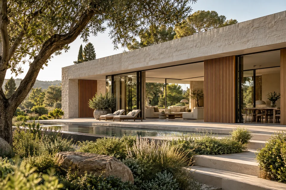 Contemporary stone and oak house with natural garden