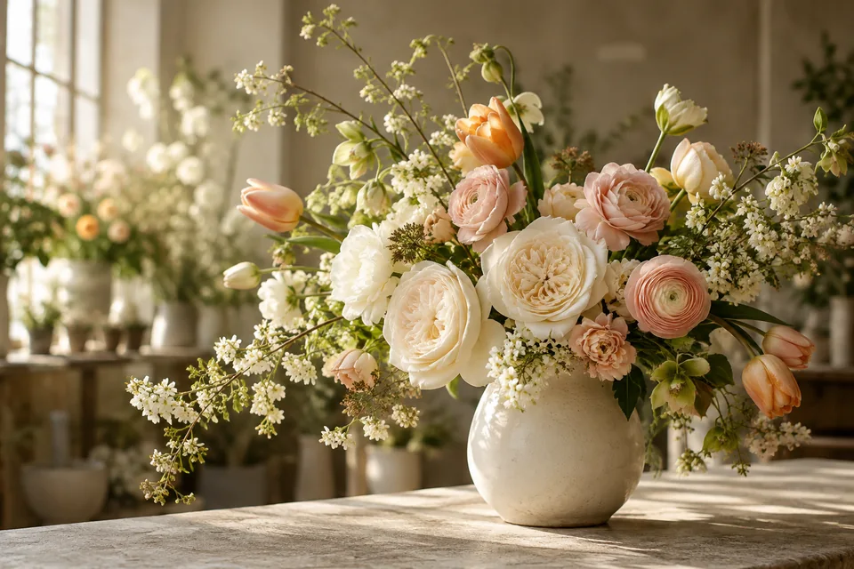 Cream and blush garden flowers in an ivory ceramic vase, warm florist studio