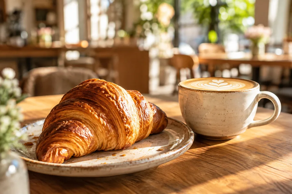 Croissant and latte in a sunlit cafe